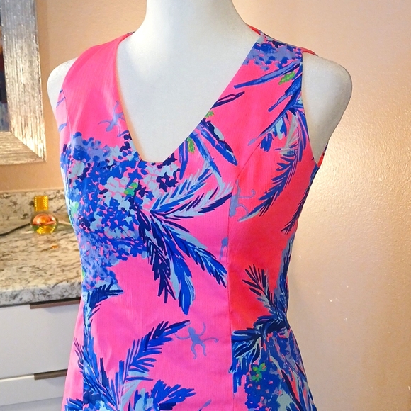 Lilly Pulitzer Pink & Blue Tropical Palm Floral Pattern Sheath Dress Size 00 - Picture 5 of 11